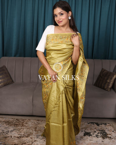 Yellow Green Embroidered Pure Tussar Silk Saree