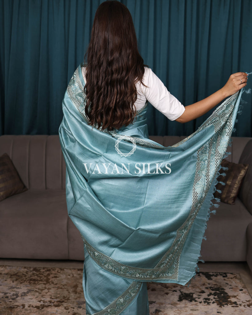 Sea Blue Embroidered Pure Tussar Silk Saree