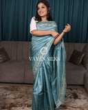 Sea Blue Embroidered Pure Tussar Silk Saree