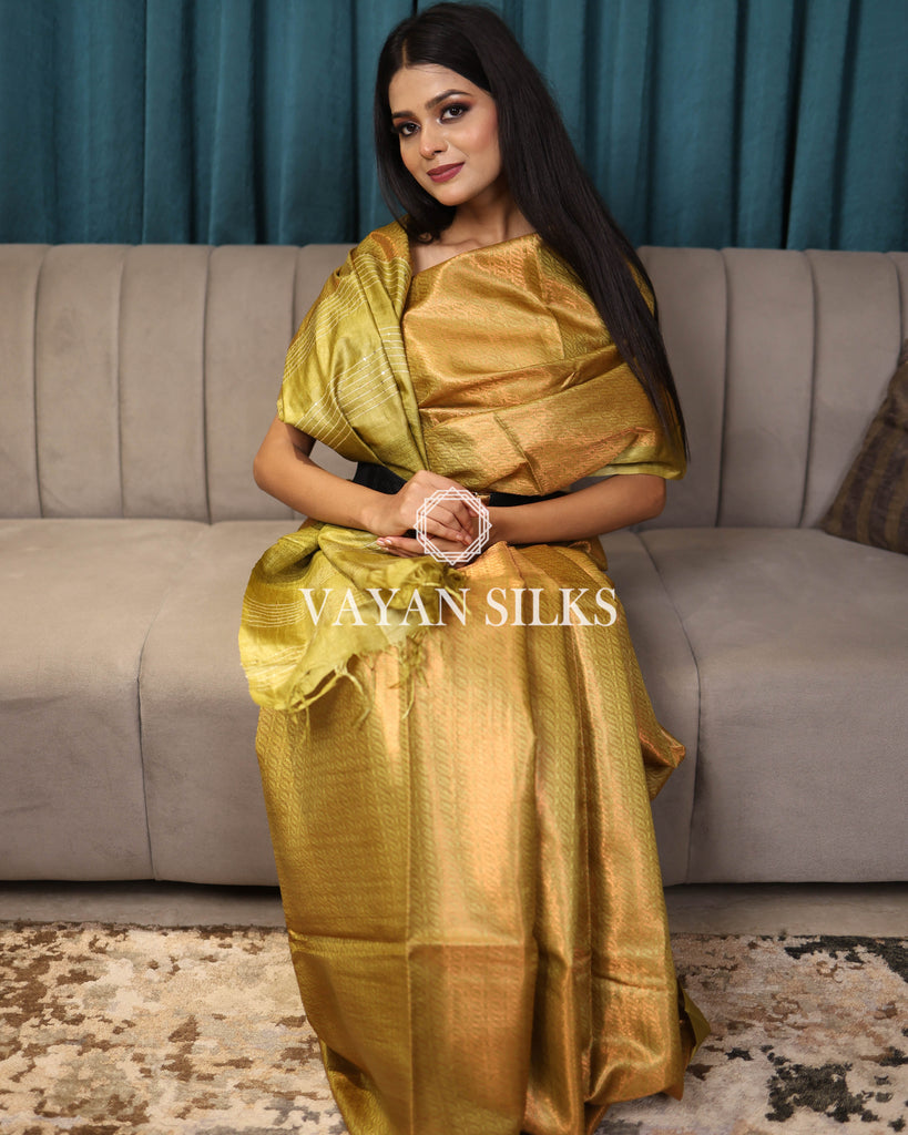 Olive Green Woven Pure Tussar Silk Saree