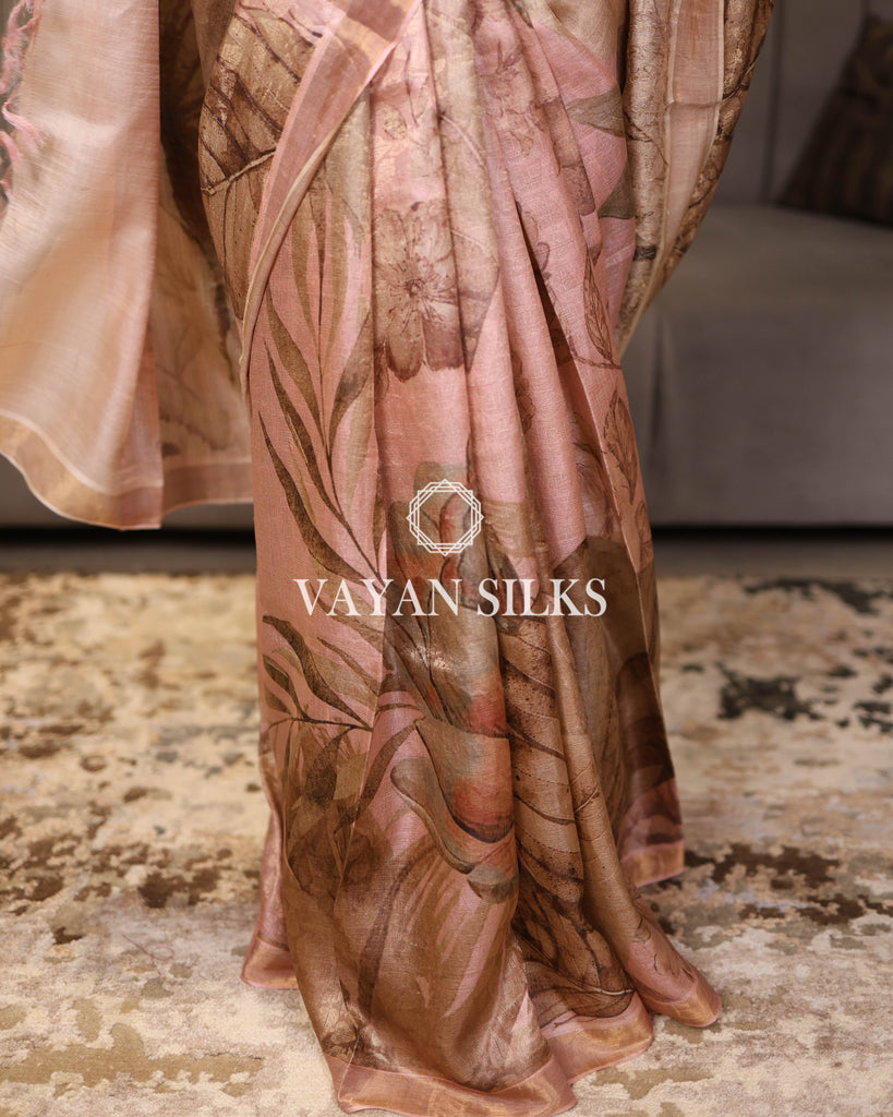 Blush Pink Woven Pure Tussar Silk Saree
