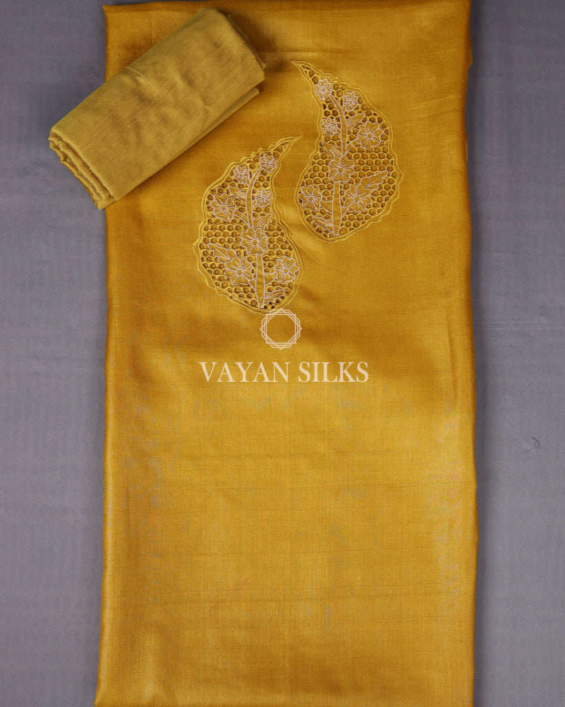 Yellow Cutwork Pure Tussar Silk Unstitched Suit Set