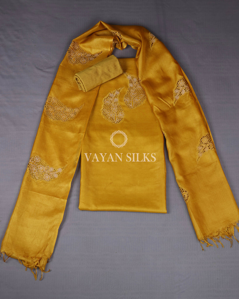 Yellow Cutwork Pure Tussar Silk Unstitched Suit Set