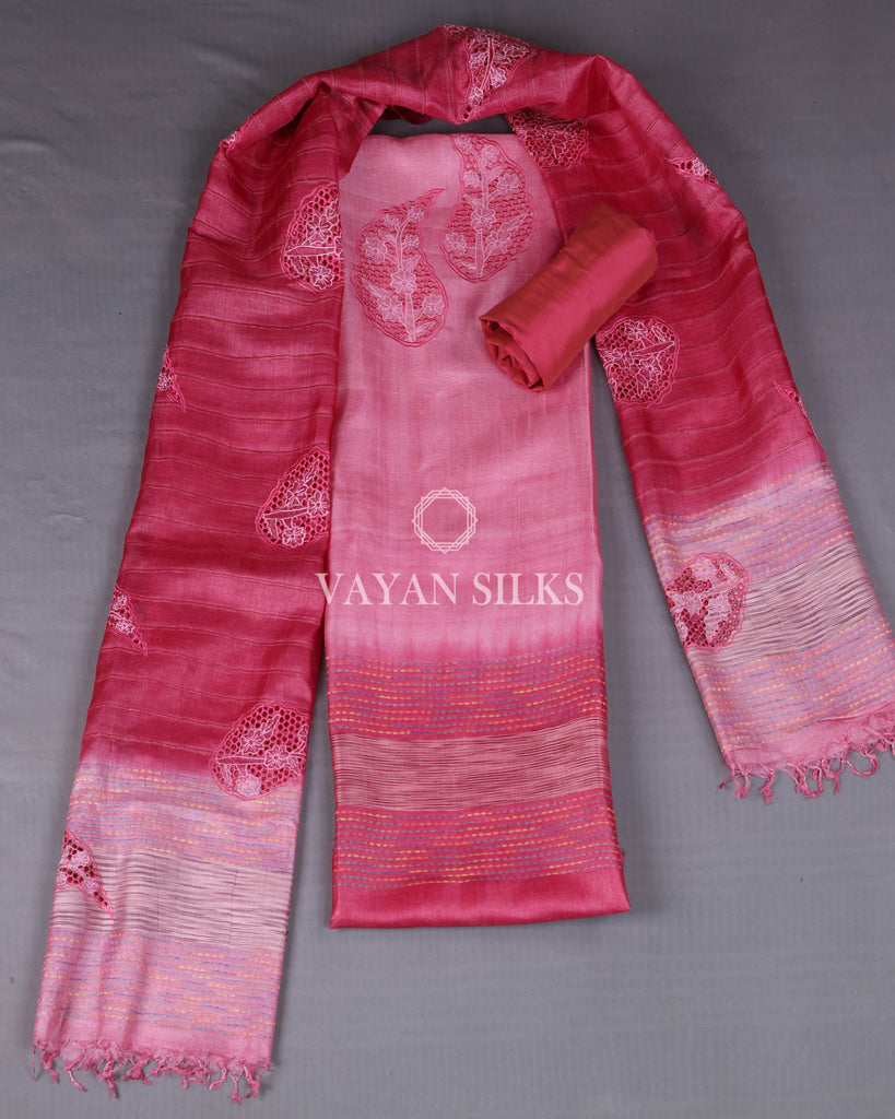 Pink Cutwork Pure Tussar Silk Unstitched Suit Set