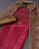 Dark Fuchsia Raw Umber Cutwork Pure Tussar Silk Unstitched Suit Set