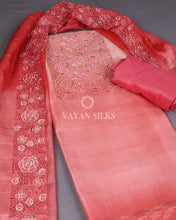 Load image into Gallery viewer, Peach Cutwork Pure Tussar Silk Unstitched Suit Set