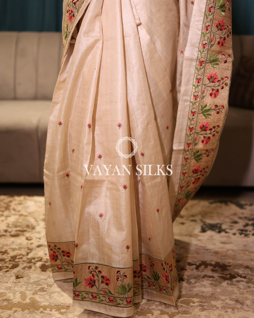 Beige Embroidered Pure Tussar Silk Saree