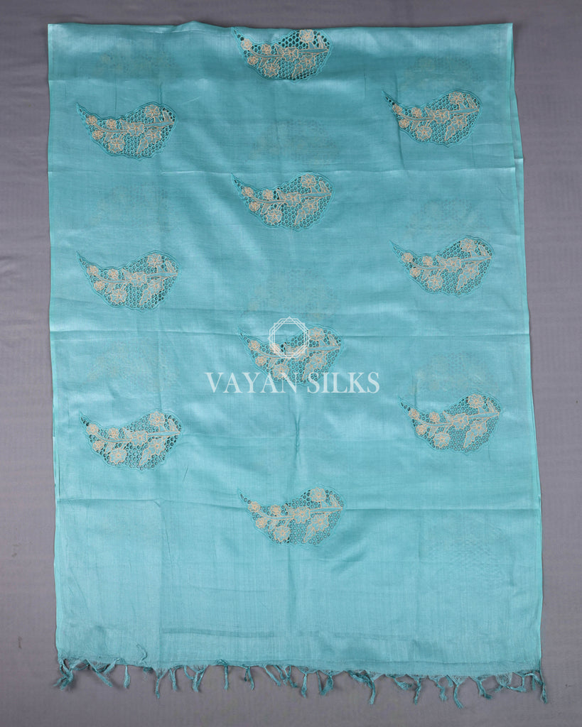 Sky Blue Cutwork Pure Tussar Silk Unstitched Suit Set