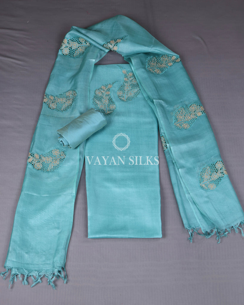 Sky Blue Cutwork Pure Tussar Silk Unstitched Suit Set