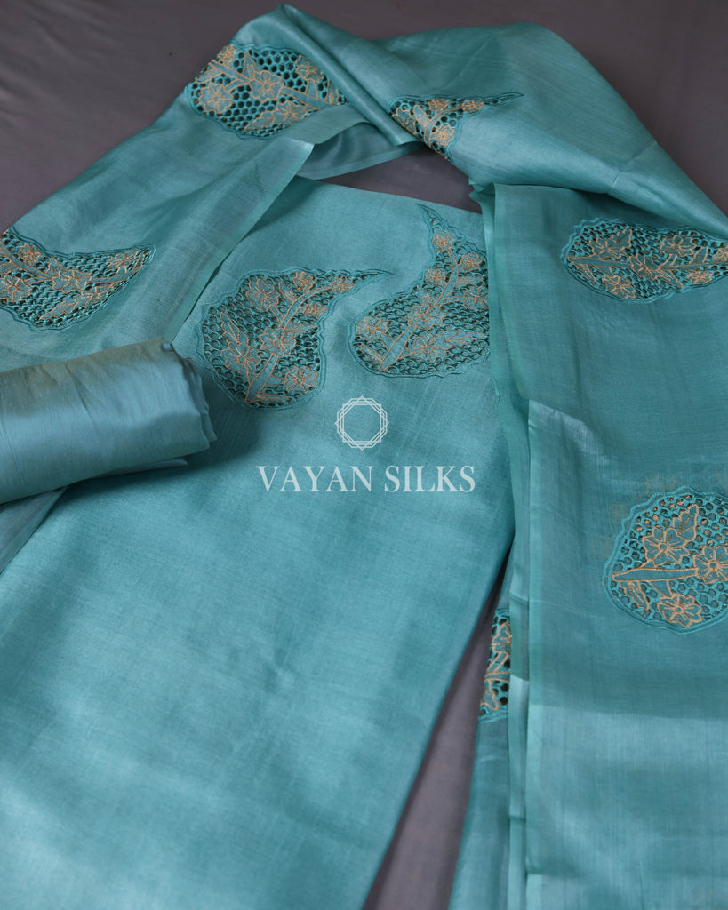 Sky Blue Cutwork Pure Tussar Silk Unstitched Suit Set