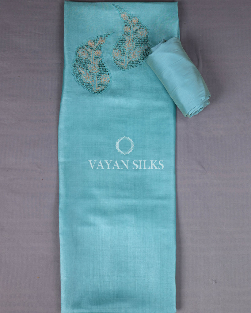 Sky Blue Cutwork Pure Tussar Silk Unstitched Suit Set