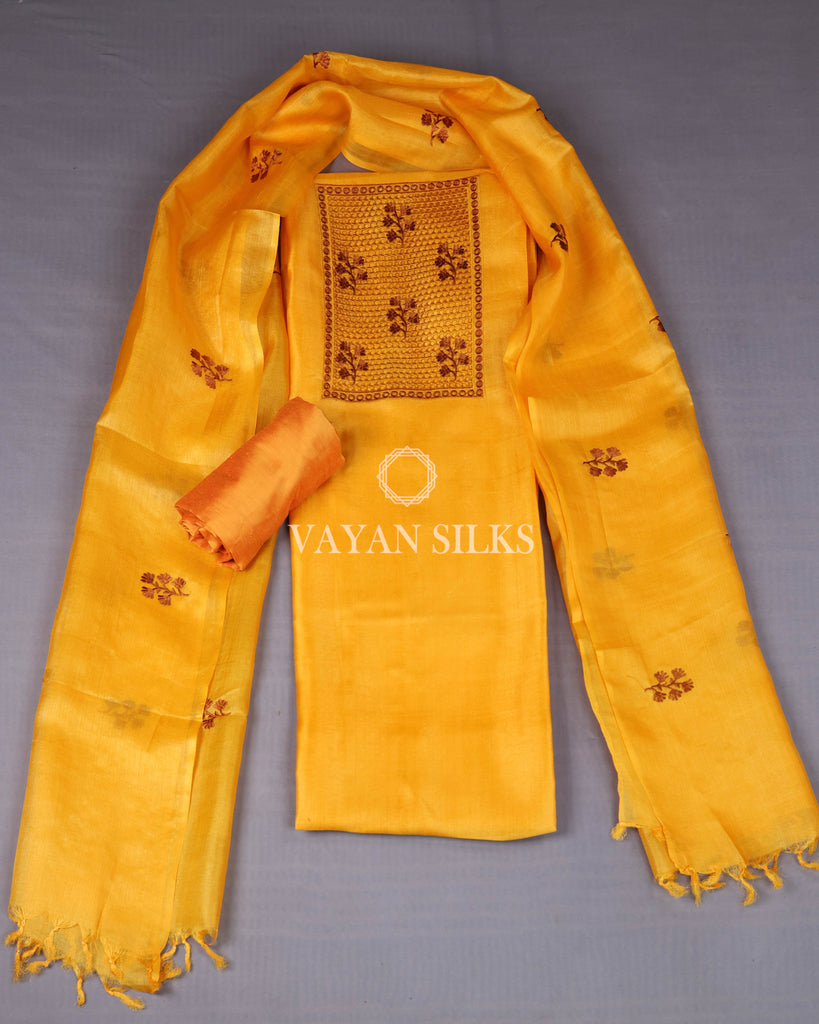 Yellow Cutwork Pure Tussar Silk Unstitched Suit Set