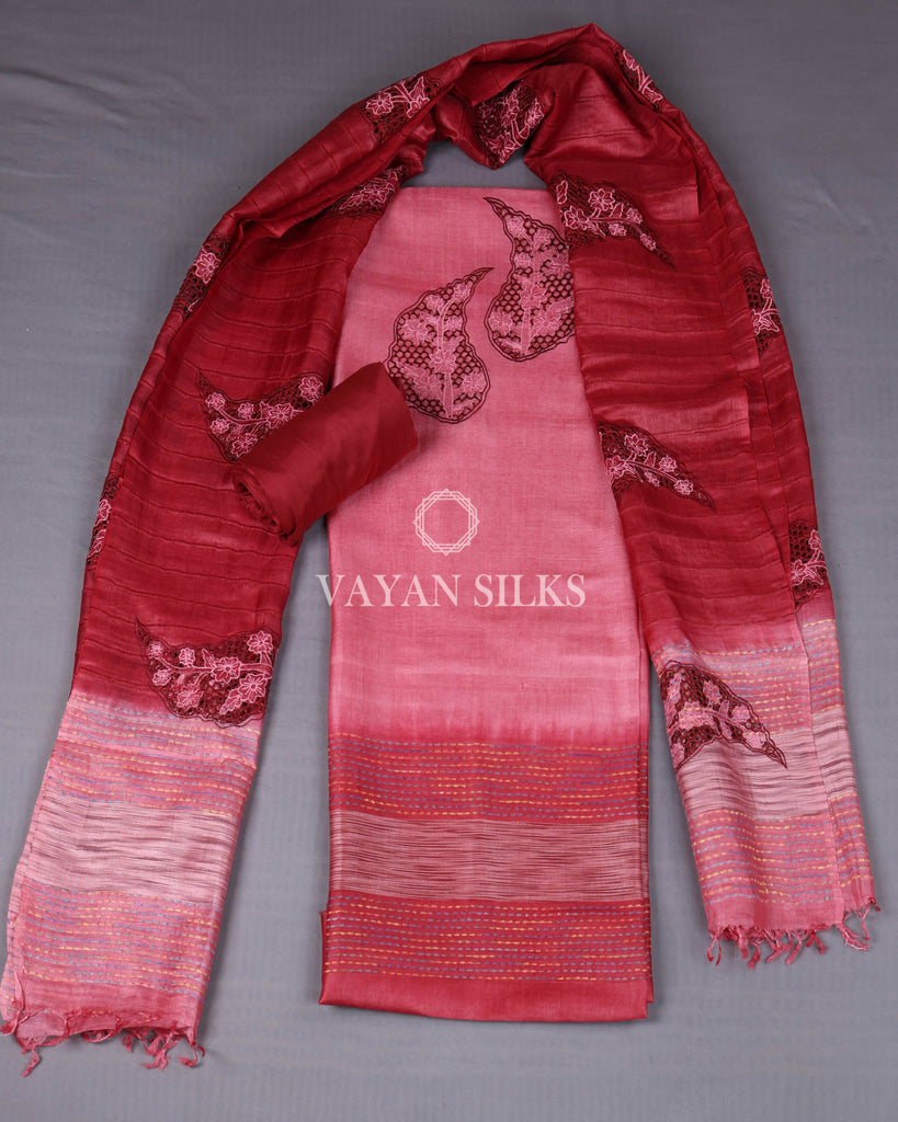 Red Cutwork Pure Tussar Silk Unstitched Suit Set