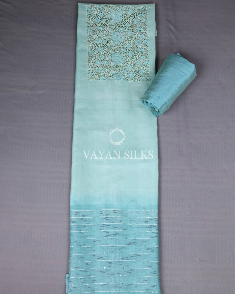 Sky Blue Cutwork Pure Tussar Silk Unstitched Suit Set