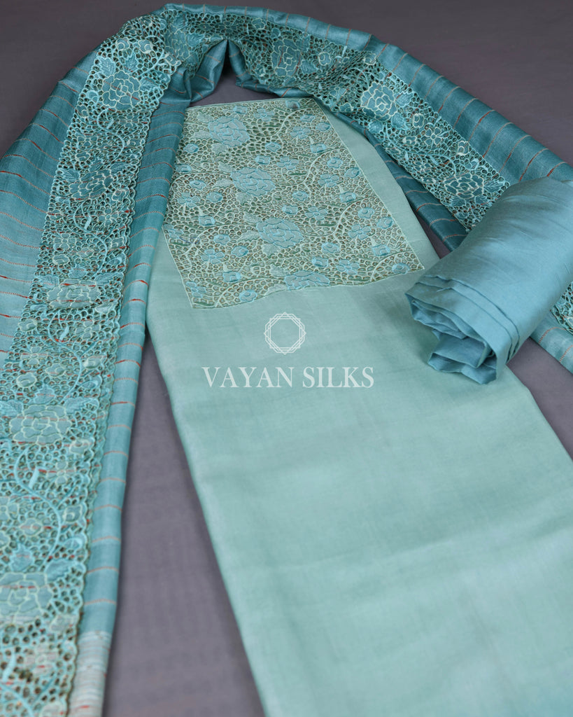 Sky Blue Cutwork Pure Tussar Silk Unstitched Suit Set