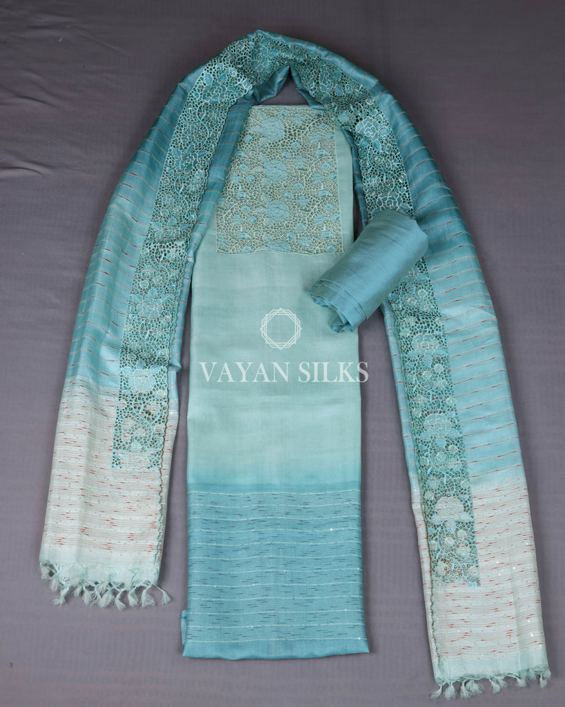 Sky Blue Cutwork Pure Tussar Silk Unstitched Suit Set