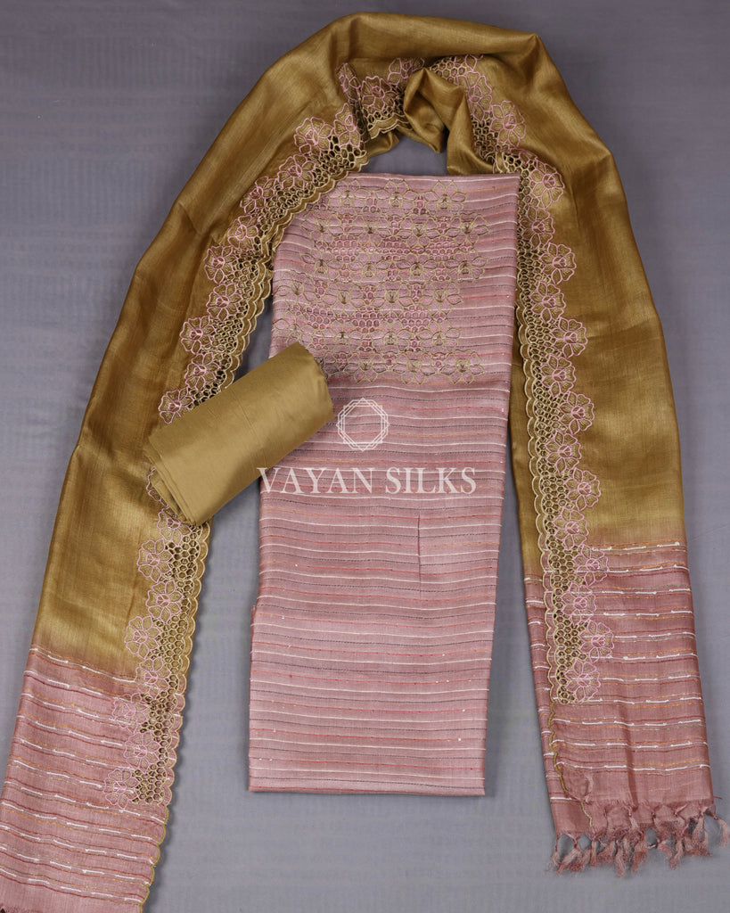 Light Mauve Mehendi Cutwork Pure Tussar Silk Unstitched Suit Set