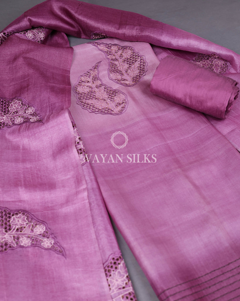 Purple Cutwork Pure Tussar Silk Unstitched Suit Set