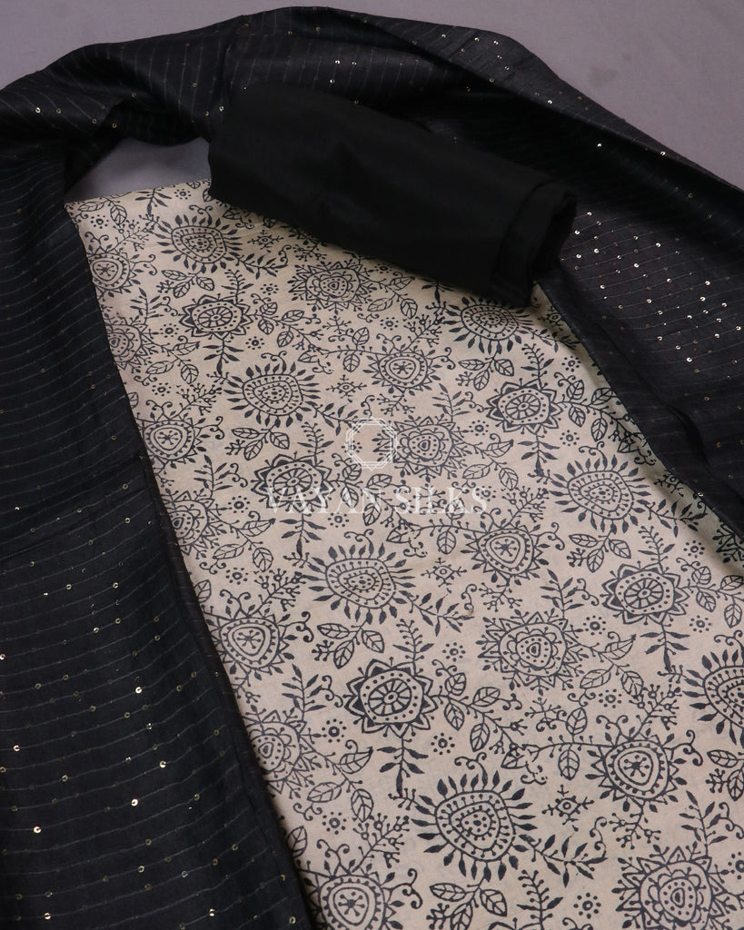 Off White Black Printed Tussar Silk Suit
