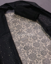Load image into Gallery viewer, Off White Black Printed Tussar Silk Suit