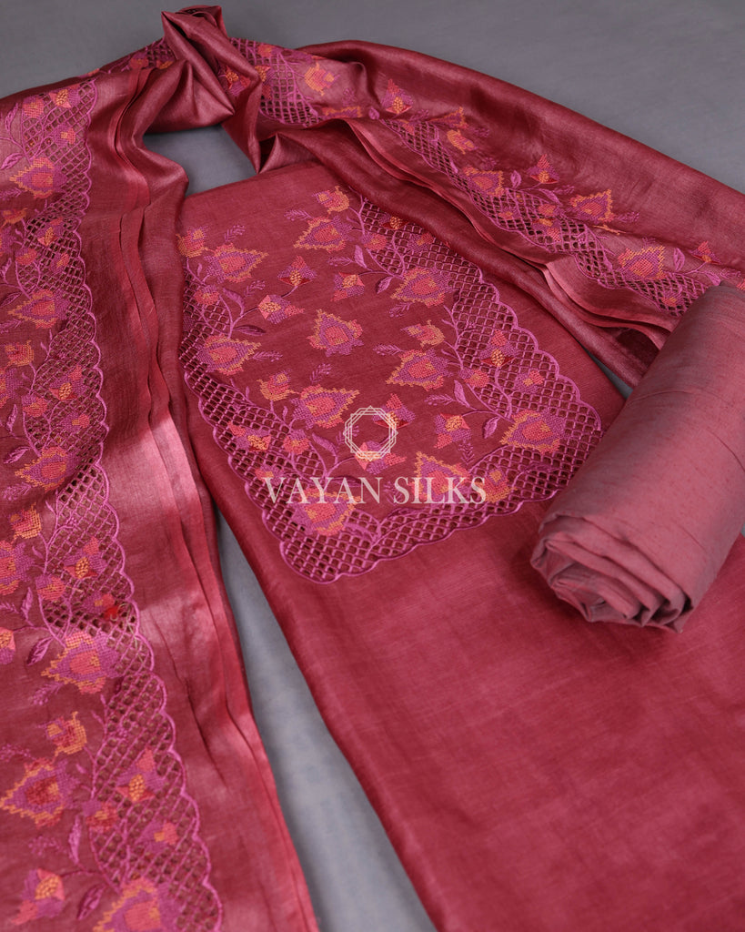 Dark Fuchsia Cutwork Pure Tussar Silk Unstitched Suit Set