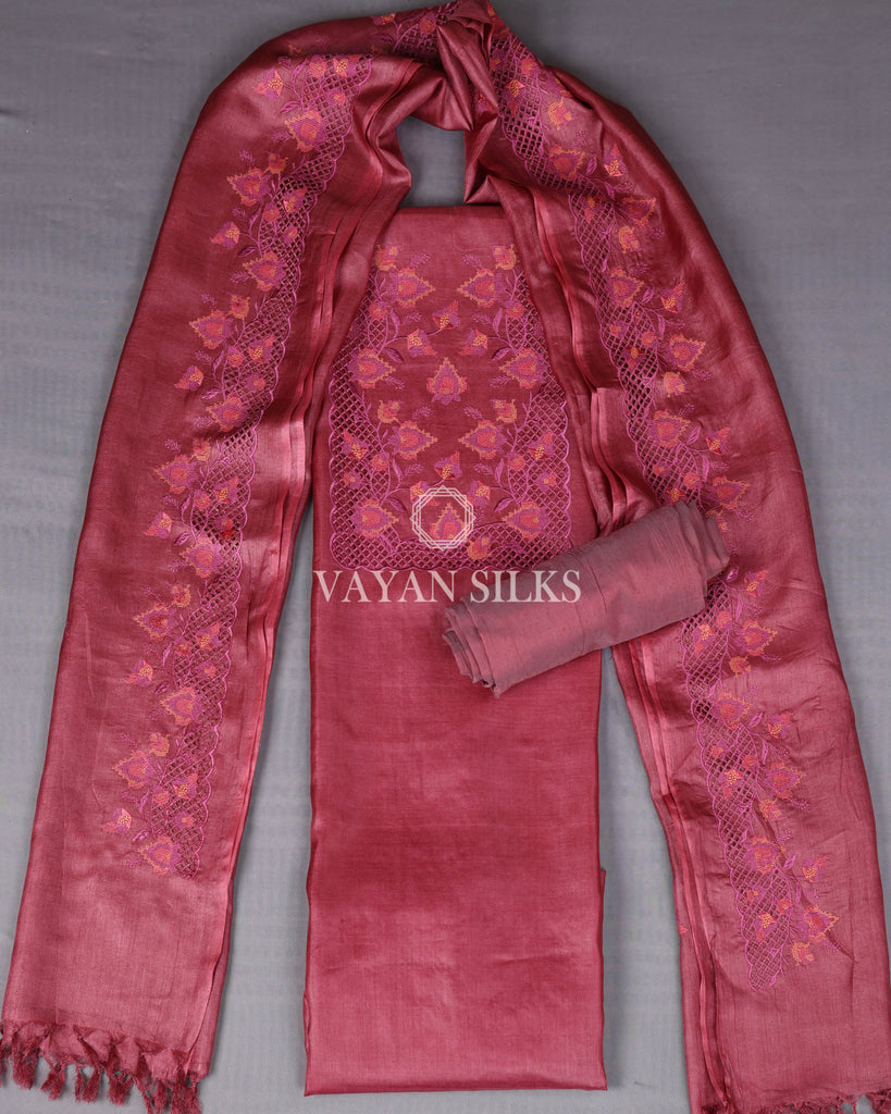 Dark Fuchsia Cutwork Pure Tussar Silk Unstitched Suit Set