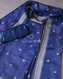 Royal Blue Kantha Embroidered Pure Tussar Silk Unstitched Suit Set