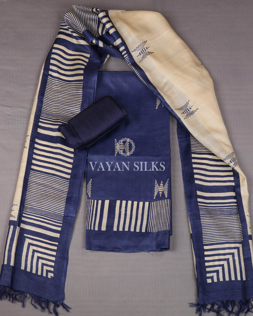 Royal Blue Off White Printed Pure Tussar Silk Unstitched Suit Set