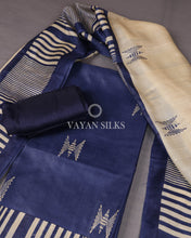 Load image into Gallery viewer, Royal Blue Off White Printed Pure Tussar Silk Unstitched Suit Set