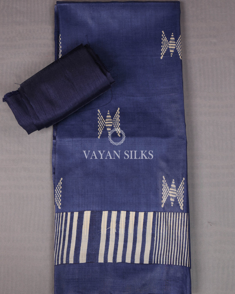 Royal Blue Off White Printed Pure Tussar Silk Unstitched Suit Set