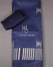 Load image into Gallery viewer, Royal Blue Off White Printed Pure Tussar Silk Unstitched Suit Set