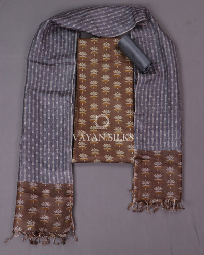 Brown Grey Printed Tussar Silk Suit