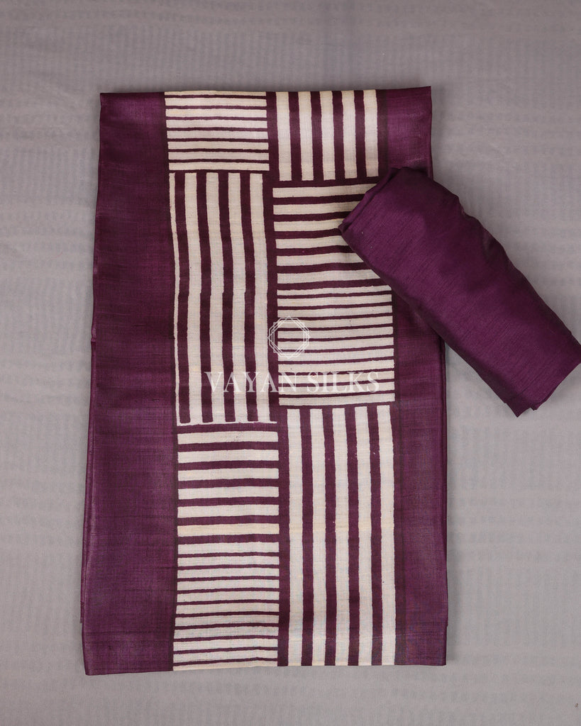 Purple Off White Printed Pure Tussar Silk Unstitched Suit Set