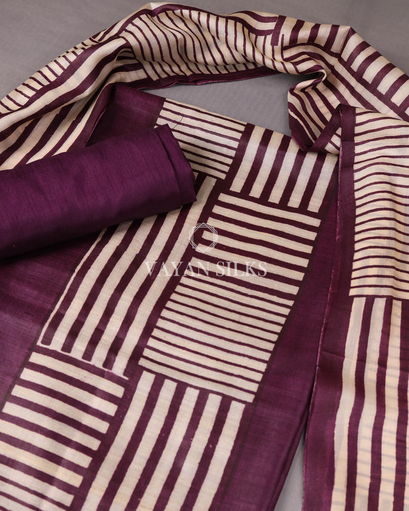 Purple Off White Printed Pure Tussar Silk Unstitched Suit Set