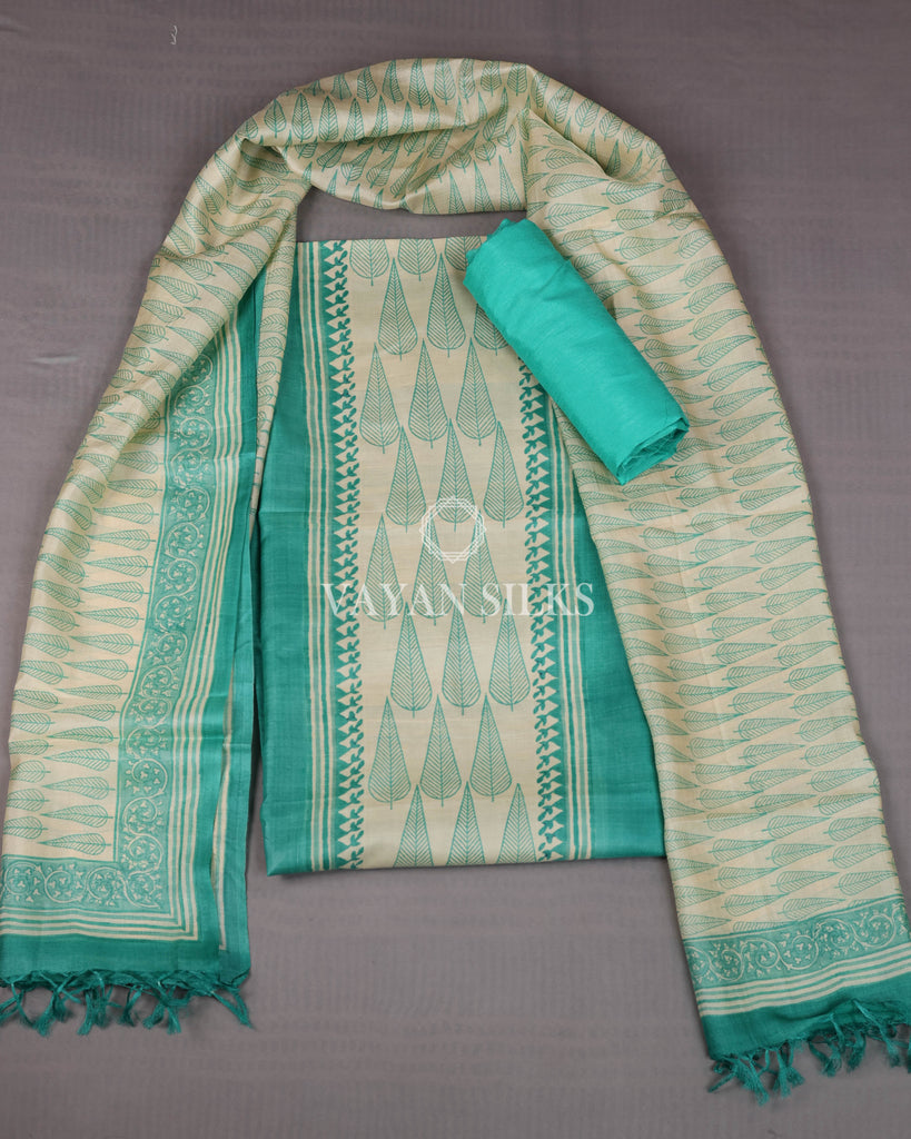 Aqua Off White Printed Pure Tussar Silk Unstitched Suit Set