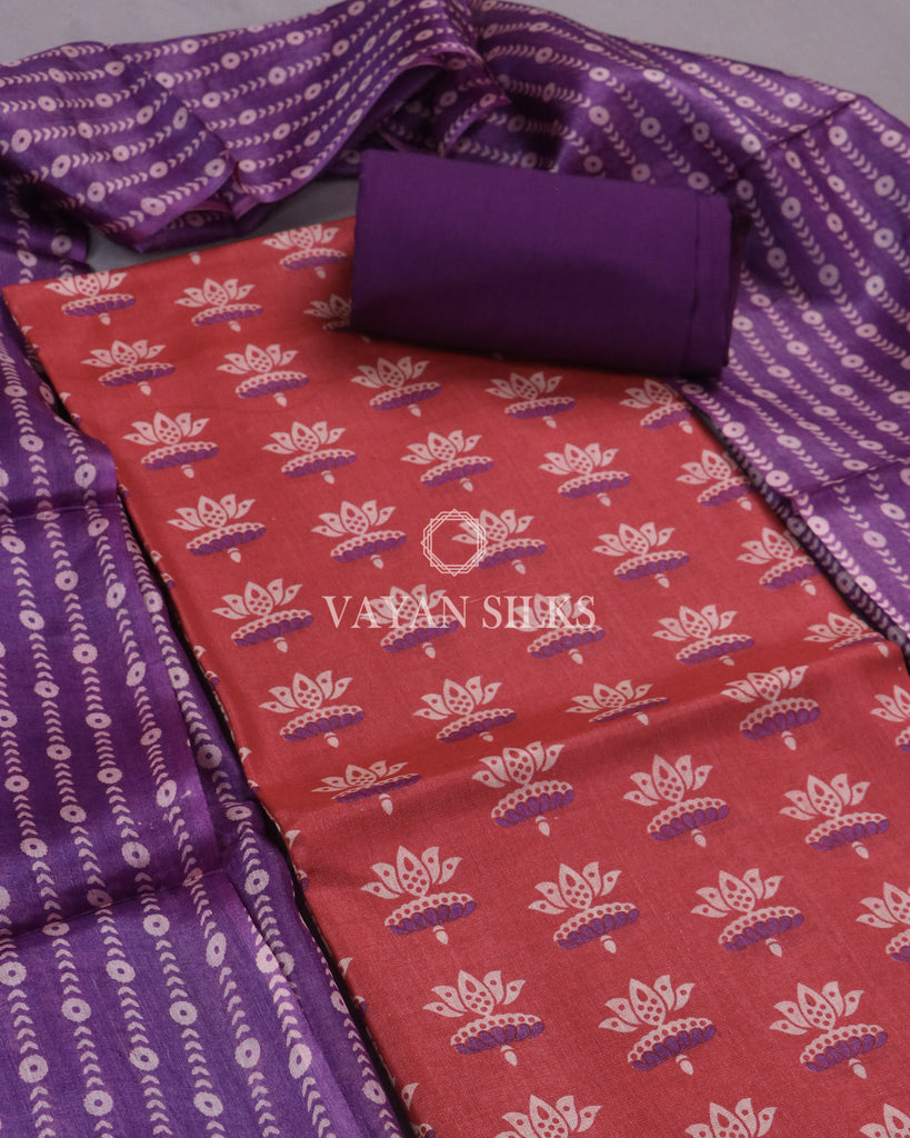 Red Purple Printed Tussar Silk Suit