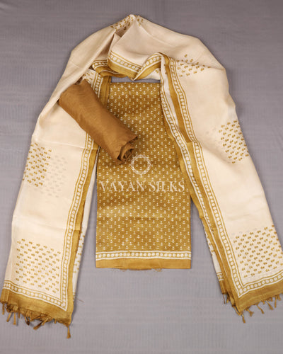 Gold Cream Printed Pure Tussar Silk Unstitched Suit Set