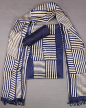 Load image into Gallery viewer, Royal Blue Off White Printed Pure Tussar Silk Unstitched Suit Set