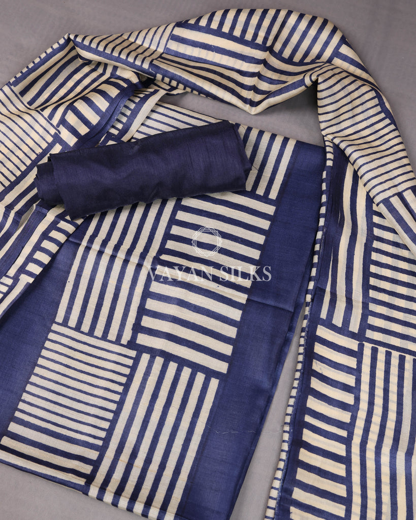 Royal Blue Off White Printed Pure Tussar Silk Unstitched Suit Set