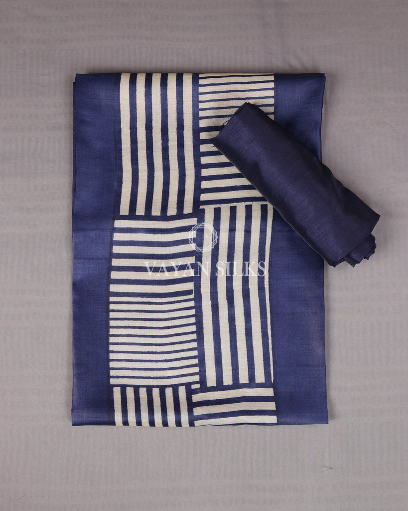 Royal Blue Off White Printed Pure Tussar Silk Unstitched Suit Set