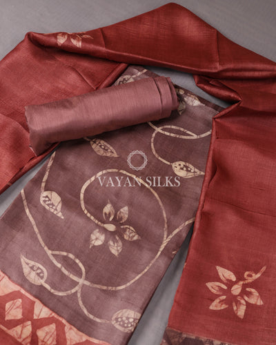 Cedar Rust Batik Hand Painted Pure Tussar Silk Unstitched Suit Set