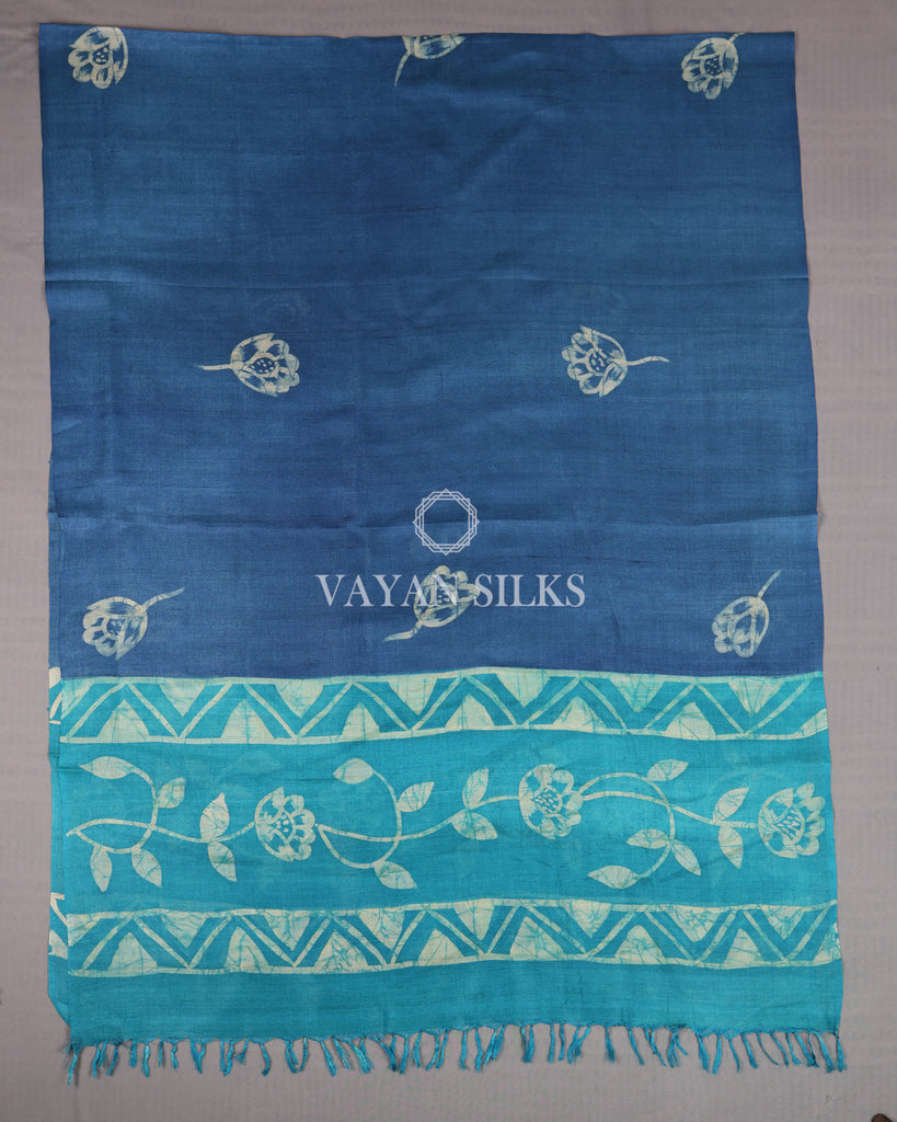 Blue Batik Hand Painted Pure Tussar Silk Unstitched Suit Set