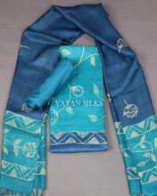 Load image into Gallery viewer, Blue Batik Hand Painted Pure Tussar Silk Unstitched Suit Set