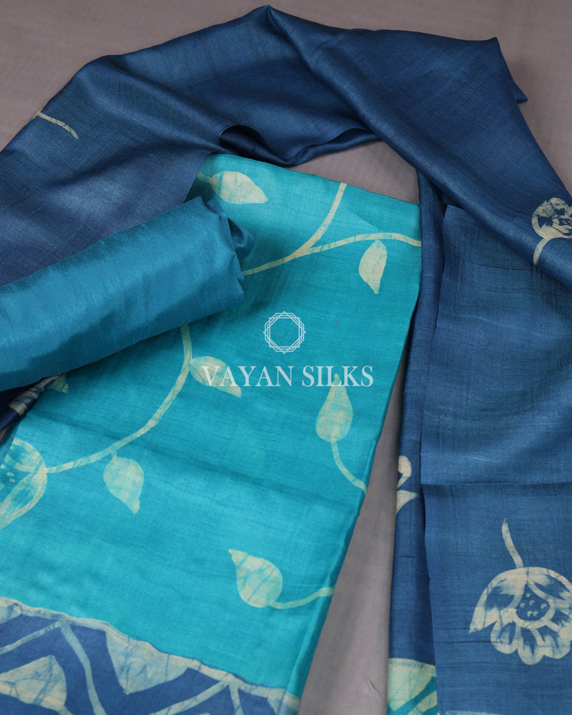 Blue Batik Hand Painted Pure Tussar Silk Unstitched Suit Set