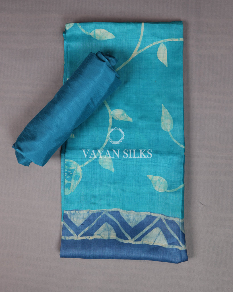 Blue Batik Hand Painted Pure Tussar Silk Unstitched Suit Set