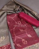 Dark Fuchsia Grey Batik Hand Painted Pure Tussar Silk Unstitched Suit Set