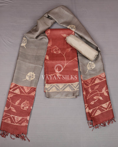 Grey Rust Batik Handpainted Tussar Silk Unstitched Suit Set