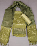 Olive Green Batik Hand painted Pure Tussar Silk Unstitched Suit Set