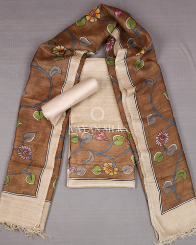 Brown Beige Hand Painted Pure Tussar Silk Unstitched Suit Set
