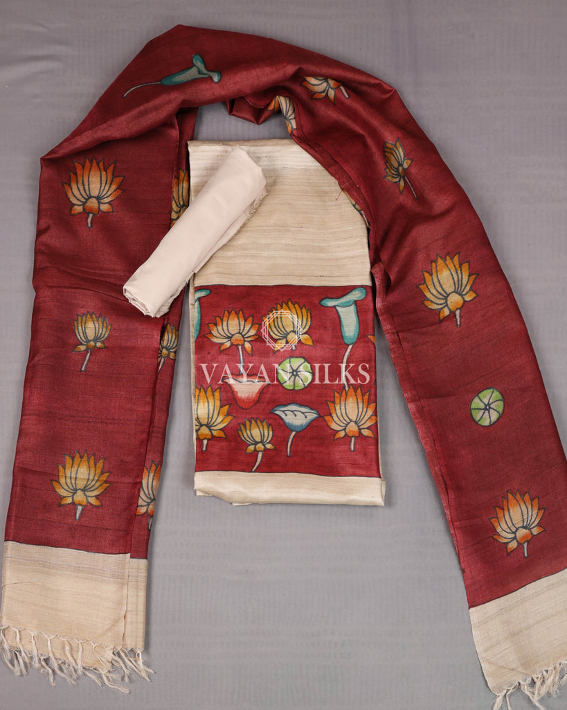 Red Beige Hand Painted Pure Tussar Silk Unstitched Suit Set